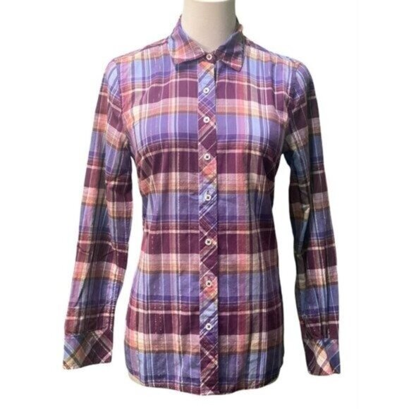 Talbots Long Sleeve Madras Plaid Cotton Blend Metallic Thread Shirt Size S/P - Picture 1 of 5